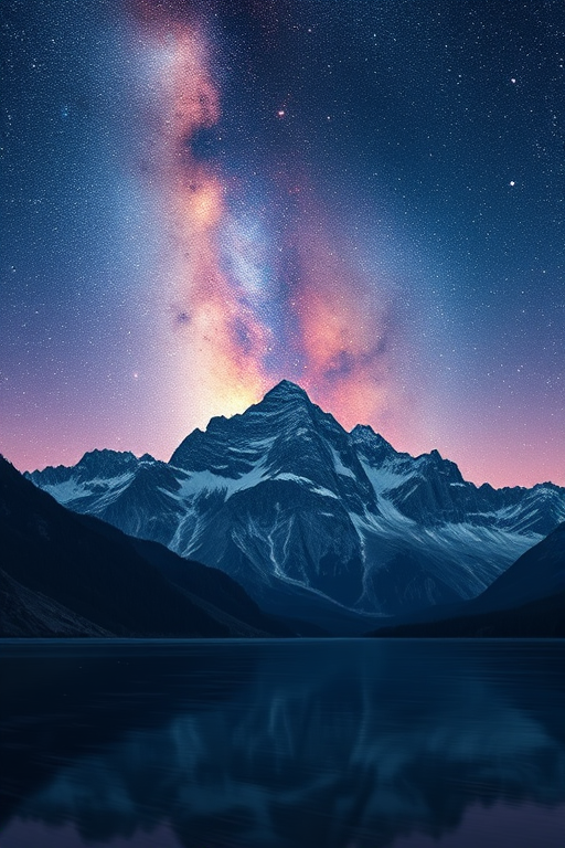 Create a stunning landscape of a cosmic mountain range under a starry sky with vibrant colors and a reflective water surface, using a wide-angle lens, f/2.8 aperture, ISO 100, 24mm focal length, and a digital SLR camera.