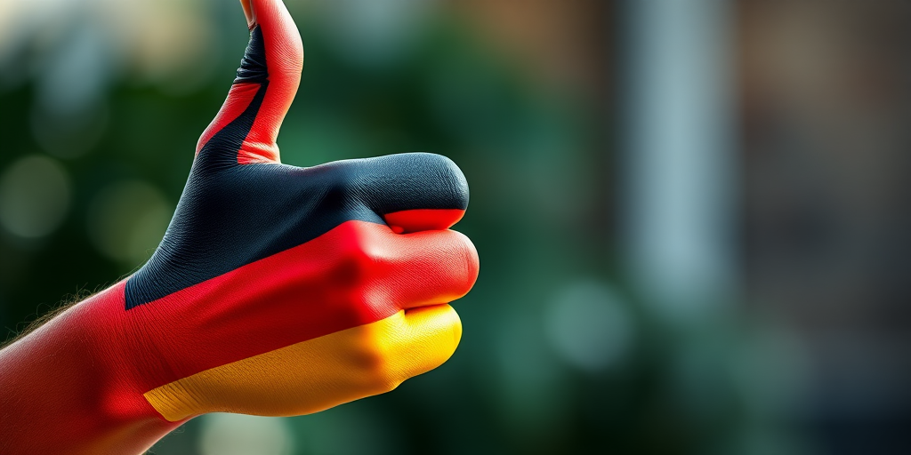 A close-up of a hand painted in the colors of the German flag, showing a thumbs up gesture, captured with a DSLR camera at f/2.8 aperture, ISO 100, 50mm lens, soft natural light, shallow depth of field, high resolution.