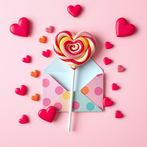 create a vibrant digital illustration of a heart-shaped lollipop and a colorful envelope surrounded by small hearts, using a soft pink background, captured with a Canon EOS R5 with a 50mm f/1.2 lens, aperture set to f/2.8, ISO 100, and a 1/200 sec shutter speed for crisp detail and vibrant colors, focusing on a flat lay angle to enhance the composition