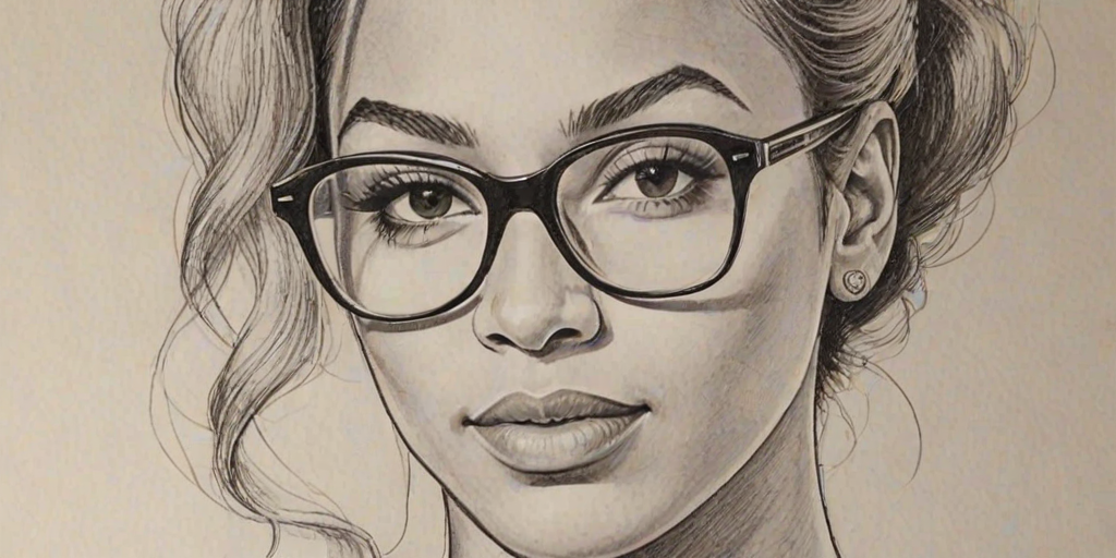 Delightful Beyonce, pencil sketch, portrait of Captivating woman 1947s in glasses, hair style beatnik, outline, clear lines, fine lines, 8k