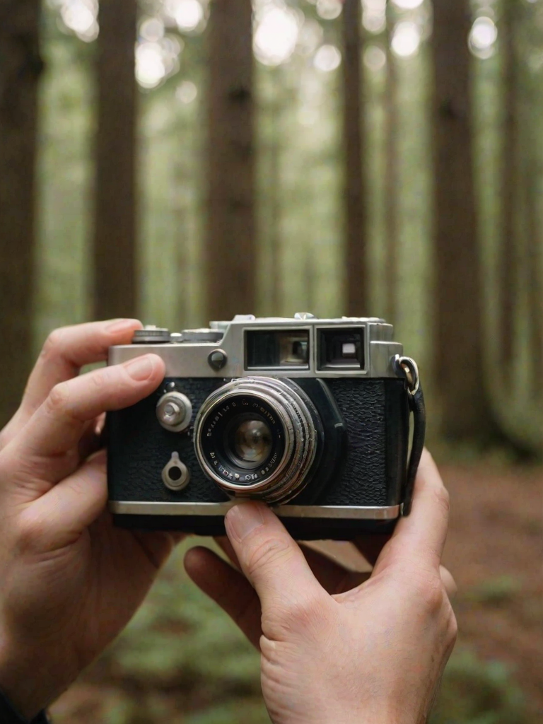 Close-up of a hand holding a vintage camera, soft natural light illuminating the lens, with a forest softly blurred in the background, giving a sense of adventure and nostalgia.