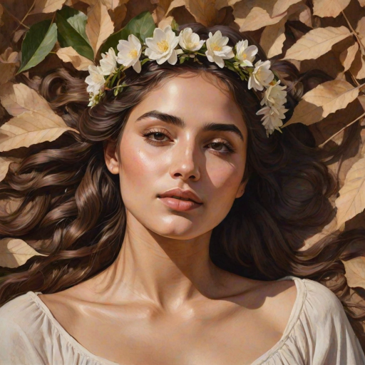 create a watercolor painting of an ethereal portrait of beautiful Chaldean woman with a simple white flower crown on her head. Her hair is long and she is lying on the ground. The sunlight on the trees casts shadows from the leaves on her face and body. The background is a neutral brown color that matches her skin tone. The image is minimalist and solid colors. This style is characterized by soft, delicate brushstrokes and a light, airy, contrasting color palette. High level of detail and play of light