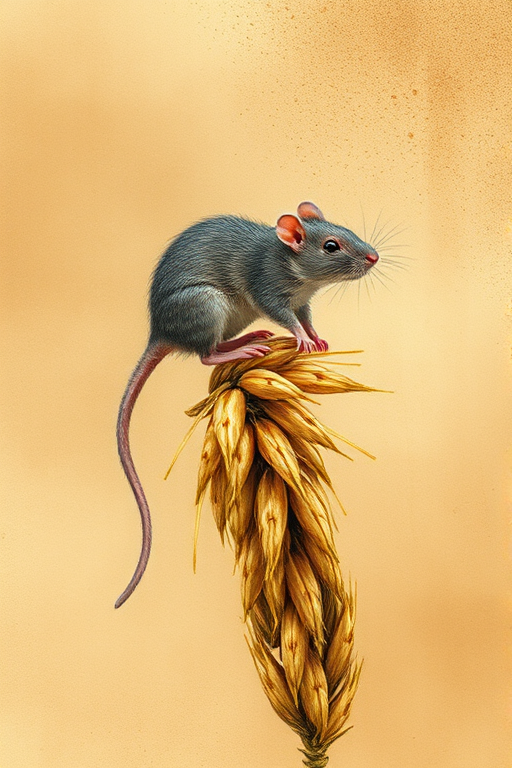 Soft, muted Alcohol Ink with ebru effect background image of tiny whimsical rat, who climbed high on the top of a golden rye ear.