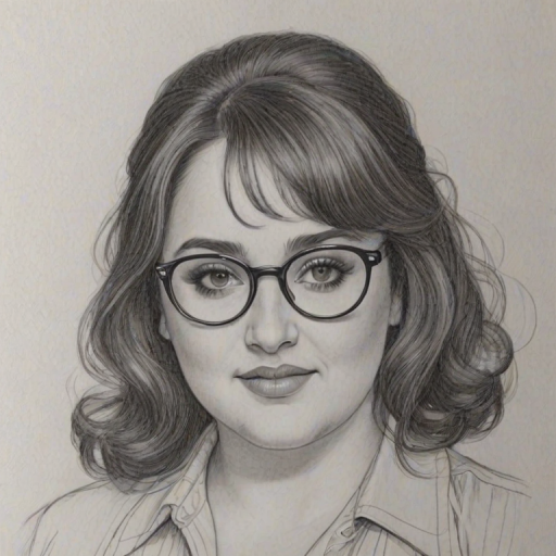 Beauteous Nikki Blonsky, pencil sketch, portrait of Fascinating woman 1972s in glasses, hair style beatnik, outline, clear lines, fine lines, 8k