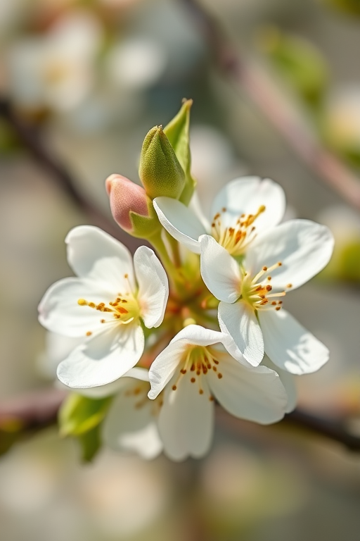 Capture a close-up of white apple blossoms in a soft-focus background, using a 50mm lens at f/2.8, ISO 200, 1/200 sec, with natural lighting, in macro photography style, full-frame DSLR camera.