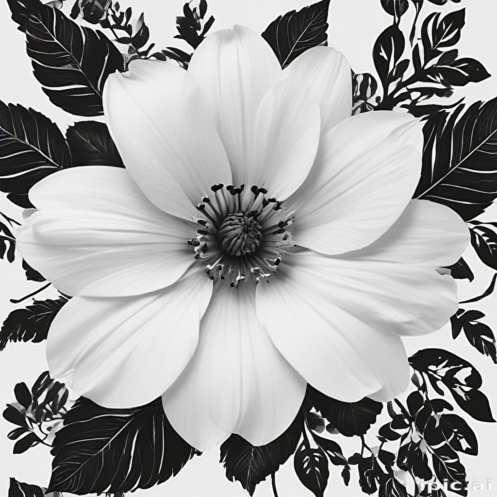Elegant Black and White Floral Composition with Bold Leaves and Petals