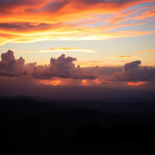 Create a high-resolution image featuring a serene landscape at sunset with vibrant colors and dramatic clouds, using a Canon EOS R5 with a 24-70mm f/2.8 lens, an aperture of f/8, ISO 100, and a shutter speed of 1/125s, captured from a slightly elevated perspective.