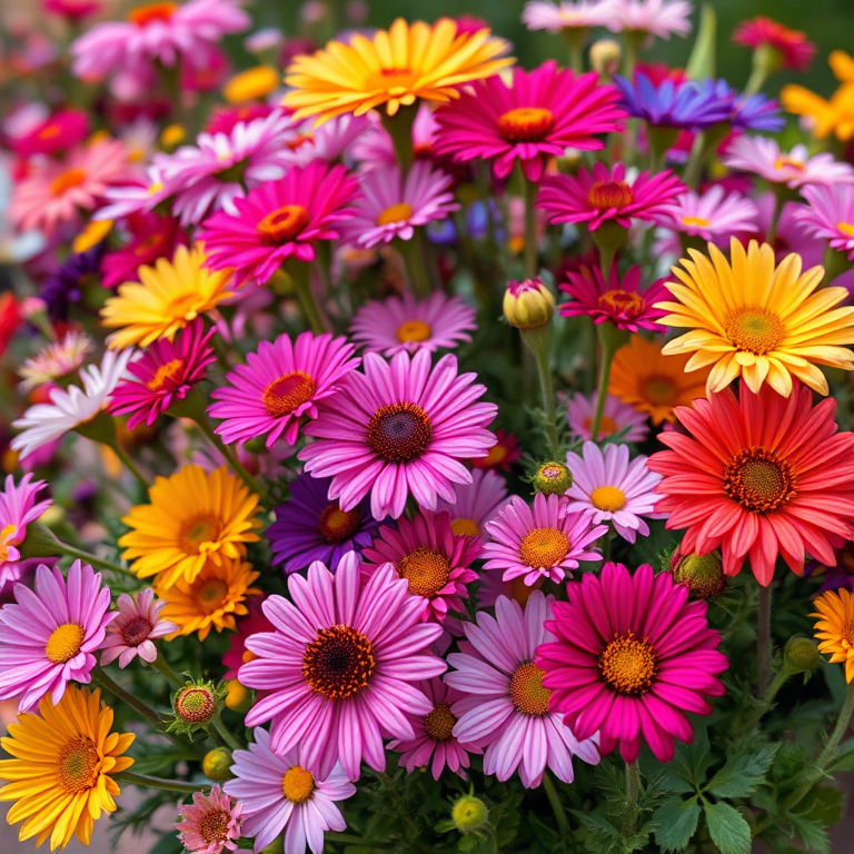 Capture a vibrant arrangement of mixed flowers in full bloom, using a macro lens with a 50mm focal length, aperture set to f/2.8 for a shallow depth of field, ISO 100, and natural lighting, ensuring rich colors and crisp detail against a soft focus background.