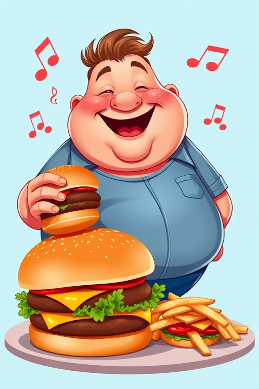 Create a vibrant digital illustration of a cheerful overweight man holding a burger, surrounded by playful sound waves, with a large burger next to him, using a Canon EOS R5, 50mm lens, f/2.8 aperture, in a bright studio setting with high contrast and vivid colors.
