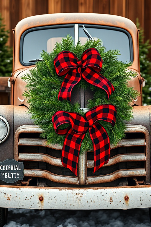 Generate an image of a vintage truck with a rustic appearance. The truck should have a festive Christmas wreath attached to the front, featuring lush green foliage and two large red and black checkered bows. The setting should evoke a warm holiday atmosphere, possibly with hints of winter greenery in the background.