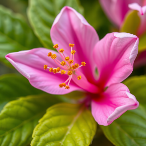 A close-up shot of a pink flower with golden stamens and vibrant green leaves, taken with a DSLR camera, aperture f/2.8, ISO 100, 50mm lens, soft natural lighting, high resolution, macro photography style.