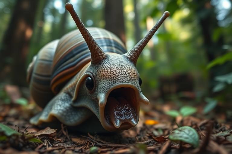 Create a hyper-realistic close-up of a large, monstrous snail with exaggerated features and sharp teeth in a lush forest setting, soft natural lighting, depth of field focusing on the snail, low-angle perspective, using a full-frame DSLR camera with an 85mm f/1.4 lens at ISO 100, aperture f/2.8, shutter speed 1/125s to enhance image quality.
