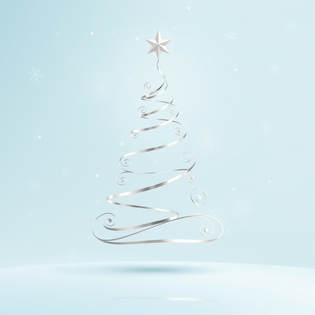 Create a minimalist Christmas tree design featuring silver spirals and stars against a soft blue background with falling snowflakes. The tree should have a modern and elegant look, with a star on top and a smooth, reflective surface. The overall atmosphere should be serene and festive.