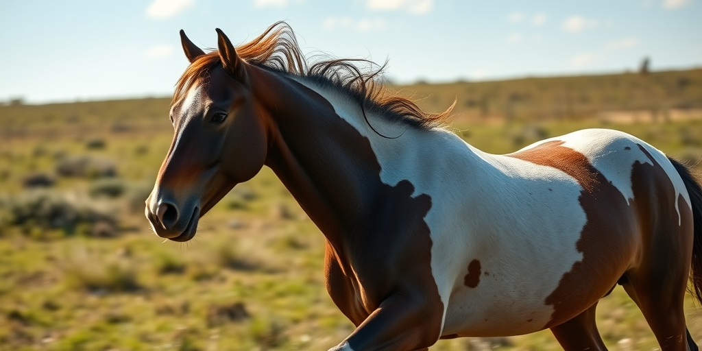 A close-up action shot of a galloping horse in a grassy field, captured with a DSLR camera at 1/1000s shutter speed, f/2.8 aperture, ISO 100, with a 70-200mm lens, using natural light to enhance detail and dynamic motion.