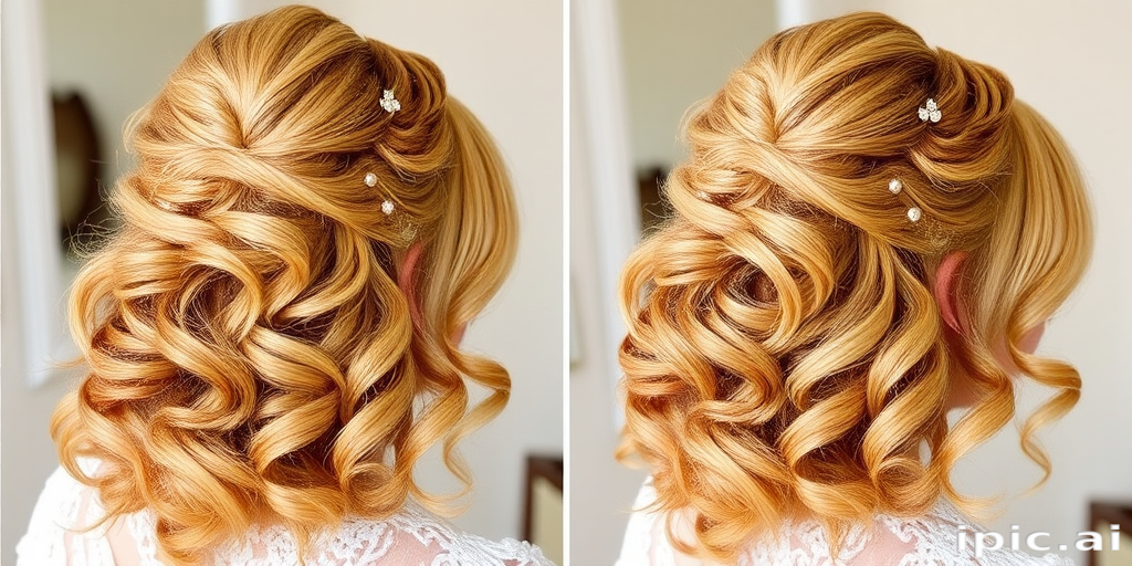 Radiant honey-blonde curls styled in a voluminous half-up, half-down look, adorned with delicate pearl pins scattered throughout, creating the romantic "Sweet Nectar" style