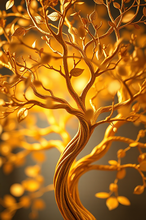 create a decorative golden tree with intricate swirling branches and leaves, high resolution, close-up view, soft focus, DSLR camera, aperture f/2.8, ISO 100, 50mm lens