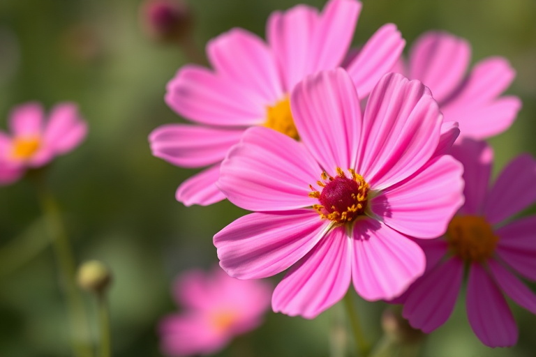 macro shot of pink cosmos flowers in a soft-focus background, f/2.8 aperture, 50mm lens, ISO 100, natural lighting, DSLR camera