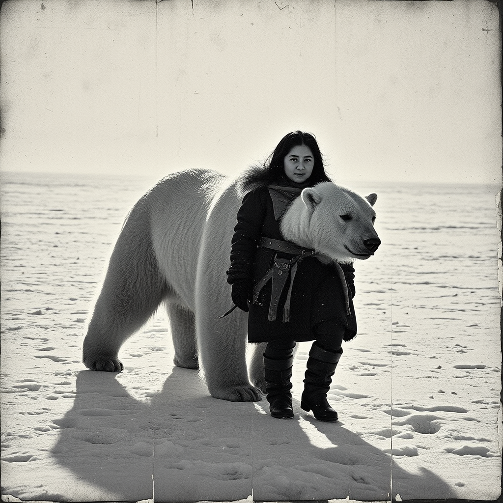 A very old photograph in black and white. The photo is badly damaged, faded, with scratches, tears, smudges and dirt. The photo is ultra-realistic and very detailed. It's a picture of an Arctic warrior. She is walking serenely towards the camera. At her side walks a majestic polar bear. Its fur shines in the sunlight. Snow, ice, sea. wind. snow in the air.