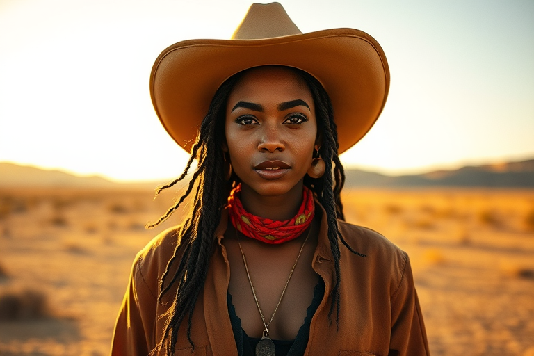 Dramatic photo of a beautiful Cape Verdean woman, classic cowboy attire, confident and free spirit expression, half-length portrait, centered, golden hour desert landscape, warm, diffused light, low angle, medium format film camera, in style of Annie Leibovitz.