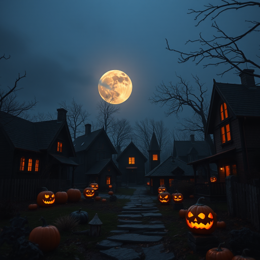 Create a spooky Halloween scene featuring an eerie village with haunted houses, glowing pumpkins, and a large full moon in the background, captured with a Canon EOS R5 at f/4, 24mm, ISO 100, using a dusk setting to enhance shadows and highlights.