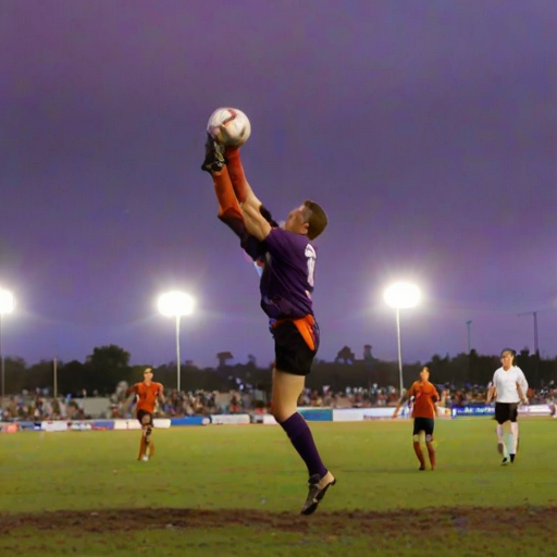 Blurry action shot, soccer field at dusk, two players mid-jump, both reaching for the ball, dirt kicking up beneath their feet, stadium lights starting to flicker on, spectators in the background, sky painted in deep oranges and purples, grass worn down from a hard-fought game.