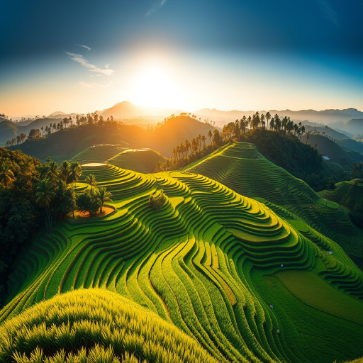 capture a panoramic view of terraced rice fields in vibrant green, showcasing the intricate layers and surrounding trees, golden hour lighting for dramatic shadows, use a Canon EOS R5 with a 24-70mm lens, aperture f/8, shutter speed 1/250s, ISO 100, shot from a high vantage point to emphasize the landscape depth and texture
