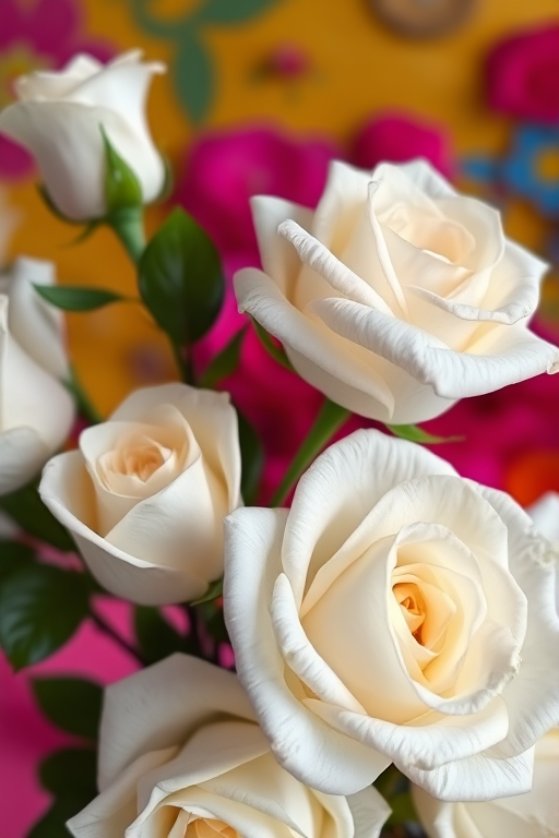 Generate a high-resolution floral design featuring soft white roses with leafy accents against a vibrant background, using a Canon EOS R5, 50mm f/1.2 lens, f/2.8 aperture, and natural light to enhance colors and details.