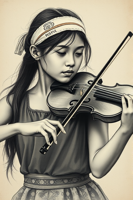 a young Maori woman with a white headband playing a violin, in the style of a charcoal drawing, sepia grunge background