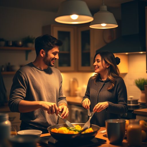 Warm, intimate image of a couple cooking dinner together in a cozy kitchen, soft glow from overhead lights casting warm shadows, the smell of saut'ing vegetables and laughter filling the space.