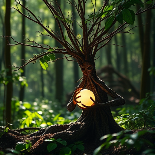 A serene forest scene featuring a mythical tree spirit with branches and leaves as hair, gently holding a glowing orb, captured in soft, dappled sunlight, using a Canon EOS R5 with a 50mm f/1.2 lens, aperture set to f/2.8, ISO 200, at a slightly low angle for dramatic effect, with a focus on the intricate details of the spirit and the surrounding greenery to enhance image quality.