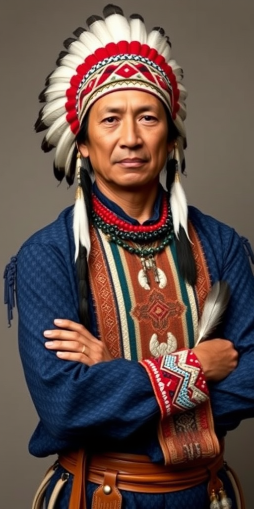 Create a dignified portrait of a Native American man dressed in traditional attire. He wears a beautifully crafted headdress adorned with white feathers and red beads, along with a beaded headband featuring intricate patterns. His clothing includes a deep blue, patterned shirt and a traditional chest piece with detailed beadwork. His arms are crossed, displaying leather armbands decorated with feathers. The background is simple and neutral, emphasizing his proud and stoic expression. The overall image captures the rich cultural heritage and strength of his persona.