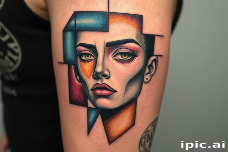 Cubist-inspired tattoo titled "Fragmented Reality" reimagining a human face broken into geometric planes and abstract forms, utilizing a limited color palette to enhance the visual impact, perfect for upper arm, thigh, or back placement