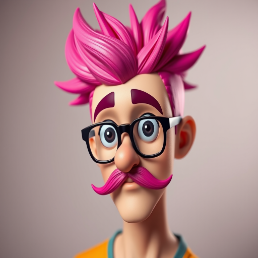 Create a 3D stylized portrait of a character with vibrant pink spiky hair, wearing glasses and a stylish mustache, against a smooth gradient background, using a Canon EOS R5 with a 50mm lens, aperture f/1.8, ISO 100, and a shallow depth of field for a soft background blur.