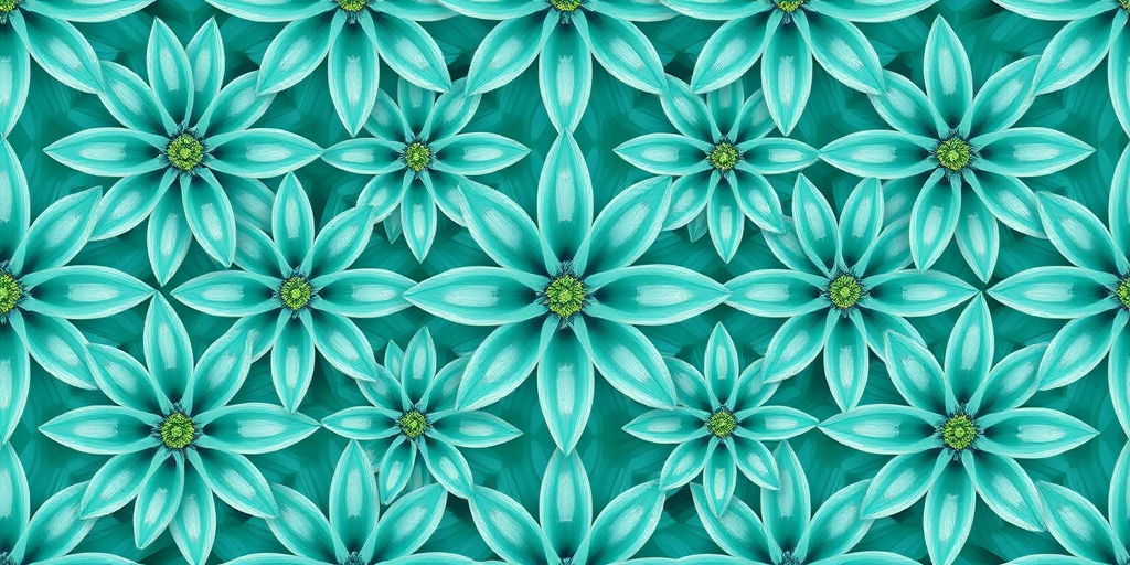 Create a seamless geometric pattern featuring teal flowers with pointed petals, shot with a Canon EOS R5 at f/8, ISO 100, 50mm lens, top-down view, high-resolution.
