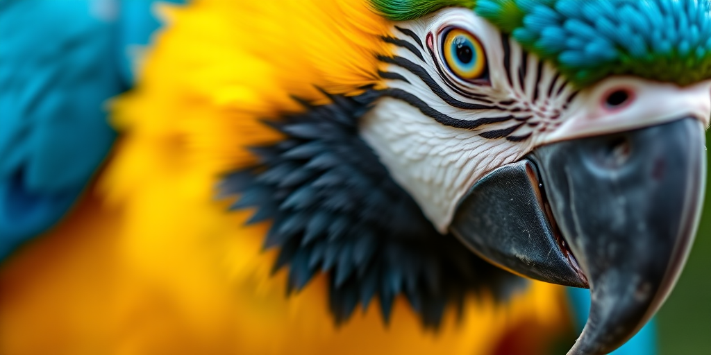 macro shot of a vibrant blue and yellow macaw parrot with intricate feathers in sharp focus, shallow depth of field, 85mm lens, f/1.8 aperture, ISO 200, natural light, high resolution, DSLR camera