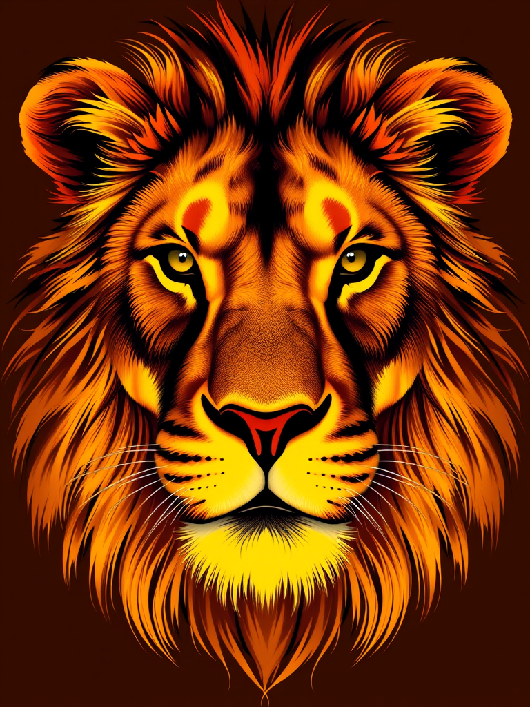 Create a highly detailed, stylized image of a lion's face with vibrant golden hues on a brown background, using a digital art style; camera settings: aperture f/2.8, ISO 100, shutter speed 1/200s; camera view: close-up; camera style: portrait; camera type: DSLR.