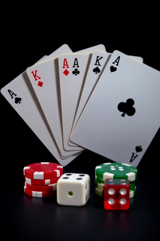 generate an image of four playing cards in a fan shape with three poker chips and two dice positioned in front, using a DSLR camera with a 50mm lens, aperture f/1.8, ISO 100, shot from a low angle with soft lighting and a shallow depth of field on a dark background.