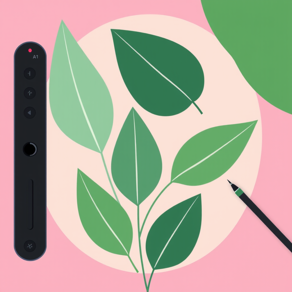 Create a vector-style illustration of five stylized leaves in a pink and cream background, using a digital drawing tablet with a 300 DPI resolution and an A4 canvas size.