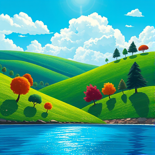 create a vibrant landscape illustration with lush green hills, a bright blue sky, stylized trees in varying shapes, and a sparkling water surface, using a Canon EOS 5D Mark IV with a 50mm lens at f/8, ISO 100, and a high dynamic range style for enhanced colors and details.