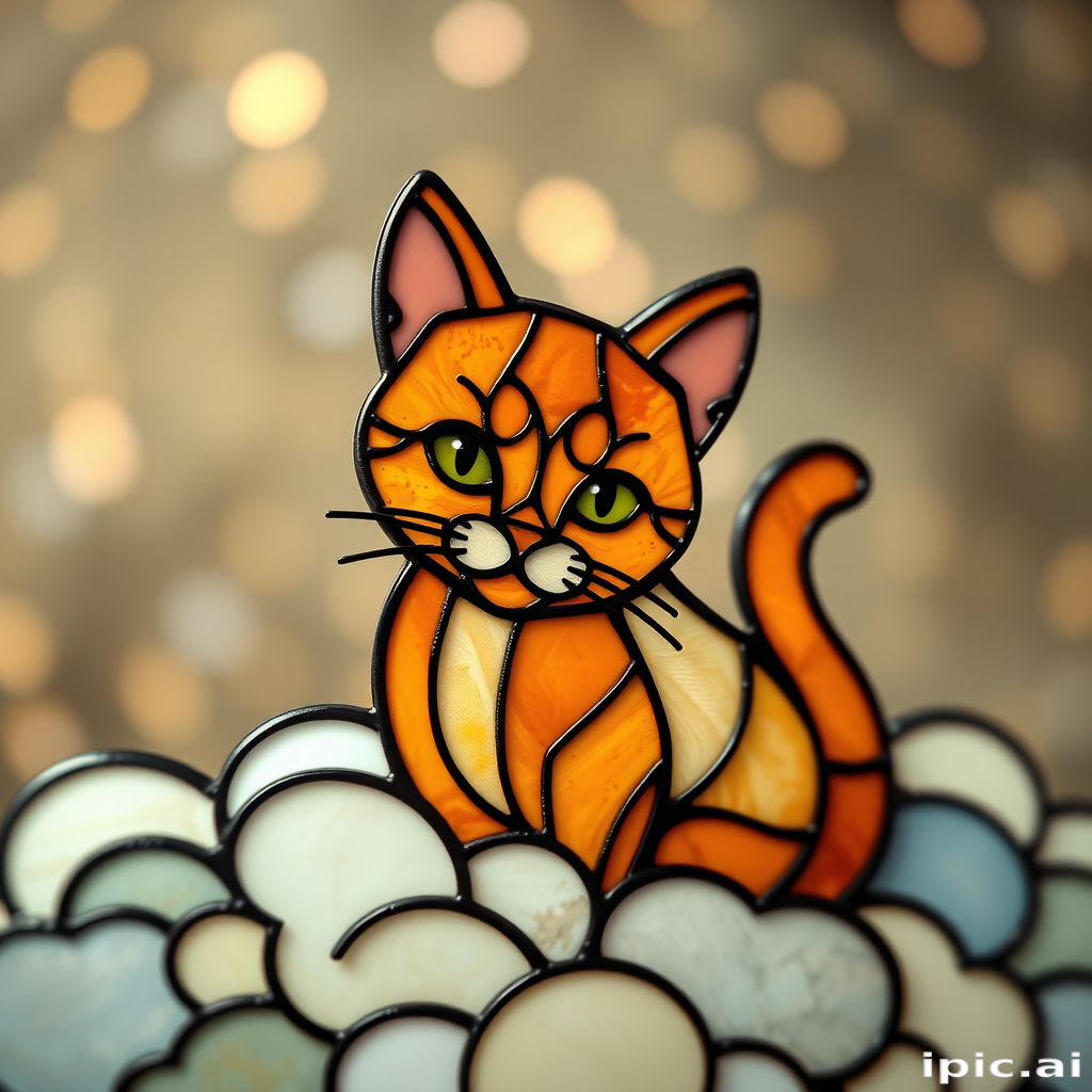 simple cute stained glass ginger cat on a cloud pattern, DoF, bokeh, Hyper-realistic photo, 8K, UHD