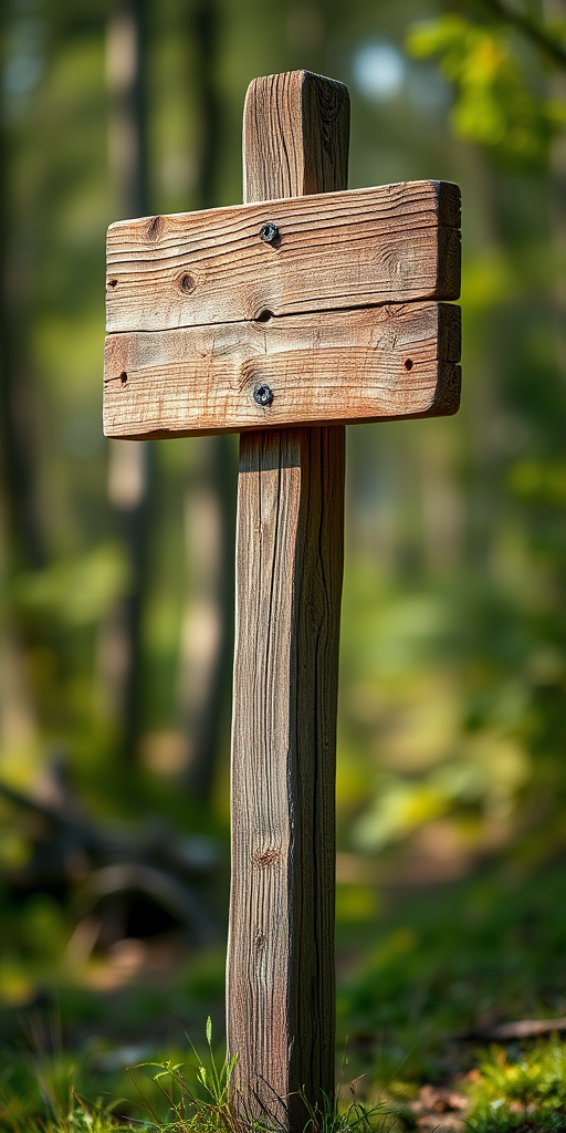 Create a highly detailed rustic wooden signpost standing upright against a blurred natural background, shot with a Canon EOS R5, 50mm lens, f/1.8 aperture, ISO 100, using a shallow depth of field to enhance the subject's focus and vivid colors.