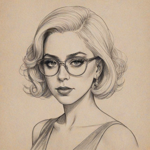 Beauteous Lady Gaga, pencil sketch, portrait of Elegant woman 1920s in glasses, hair style beatnik, outline, clear lines, fine lines, 8k