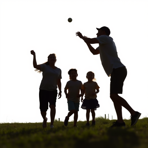 silhouette of a family playing catch on a white background, natural light, f/5.6, ISO 100, 50mm lens, shot from a low angle, wide shot, DSLR camera