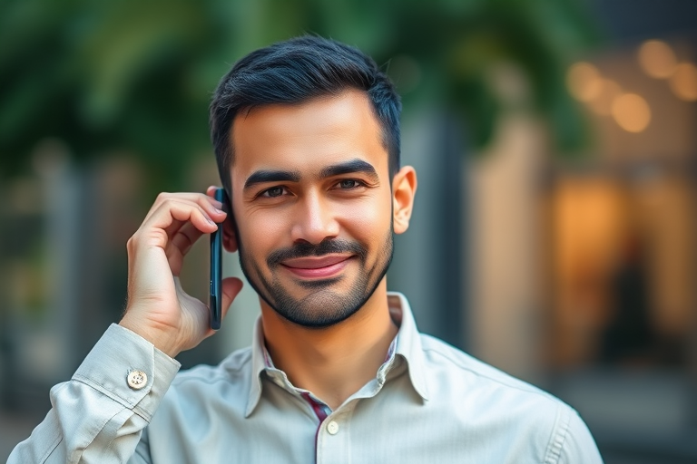 portrait of a man in a light shirt with a logo, holding a smartphone to his ear, shallow depth of field, natural light, 50mm lens, aperture f/1.8, ISO 200, 1/200 sec, DSLR camera, soft focus background