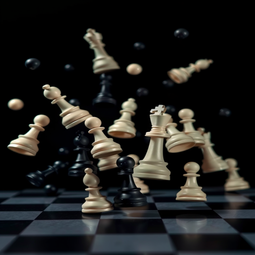 create a visually striking image of chess pieces in mid-air with a dark background, showcasing a mix of black and white pieces randomly suspended in space with a sense of motion and depth