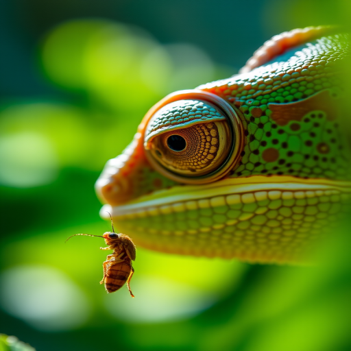 Sharp, detailed close-up of a chameleon's eye as it focuses on a nearby insect, soft sunlight filtering through the foliage, with vibrant green and blue hues blending in the background.