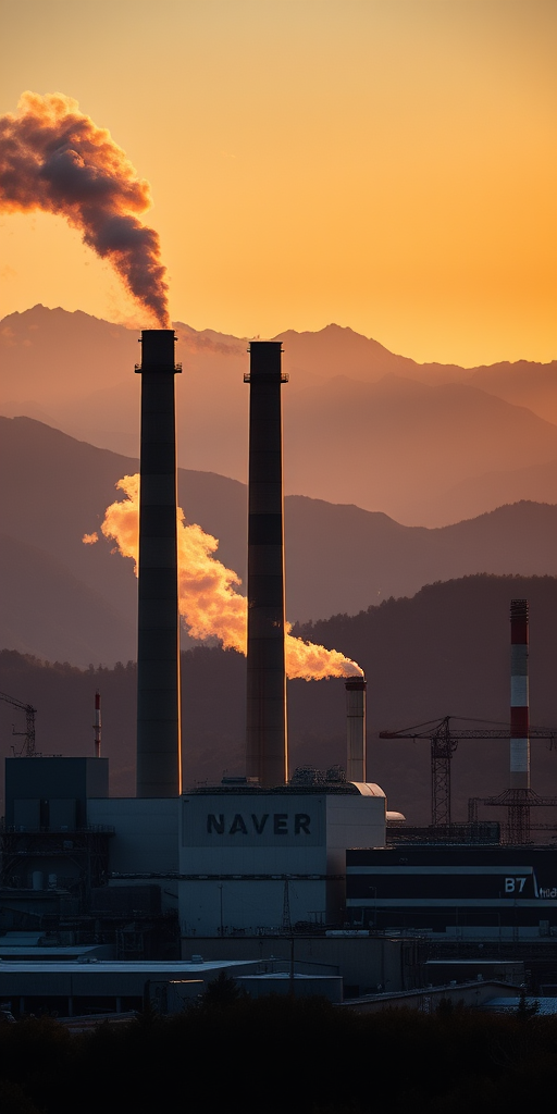 Generate a high-resolution image of an industrial facility with tall smokestacks and visible steam against a backdrop of mountains during golden hour, using a Canon EOS R5 with a 24-70mm f/2.8 lens, aperture set to f/8, ISO 100, shutter speed 1/125 sec, in landscape orientation to enhance clarity and detail.