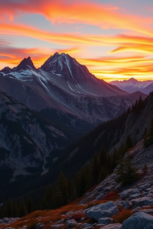 Regenerate a high-resolution image of a majestic mountain landscape at sunrise with vibrant colors, using a Canon EOS R5 camera, 24mm lens, f/11 aperture, ISO 100, and a long exposure of 1/30 seconds for enhanced clarity and detail.