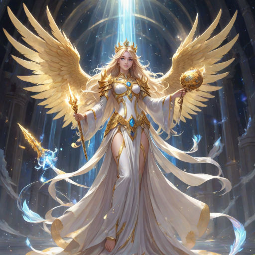 white_robes,glowing_aura,wings,halo,ethereal_presence,benevolent_smile,radiant_light,long_hair,blue_eyes,golden_crown,holding_instruments,serene_expression,floating,multicolored_wings,multiple_wings,humanoid_form,holding_scroll,shining_armor,barefoot,youthful_appearance,celestial_glow,