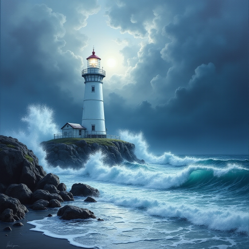 A highly stylized white oil painting with texture of paint that adds depth and movement to the dramatic setting, with primary palette colours of White, light gray-white and Aqua. a lighthouse shining in the stormy night, with tall crashing foamy waves & sea mist around it. captured with dramatic brushstrokes, dramatic white brushstrokes to create depthand dimension with dramatic, cinematic effect. White light effects with moody storm clouds.